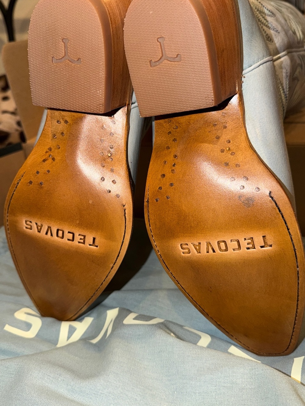 Tecovas Slate Blue Leather Western Boots with Tan Trim - Picture 5 of 6